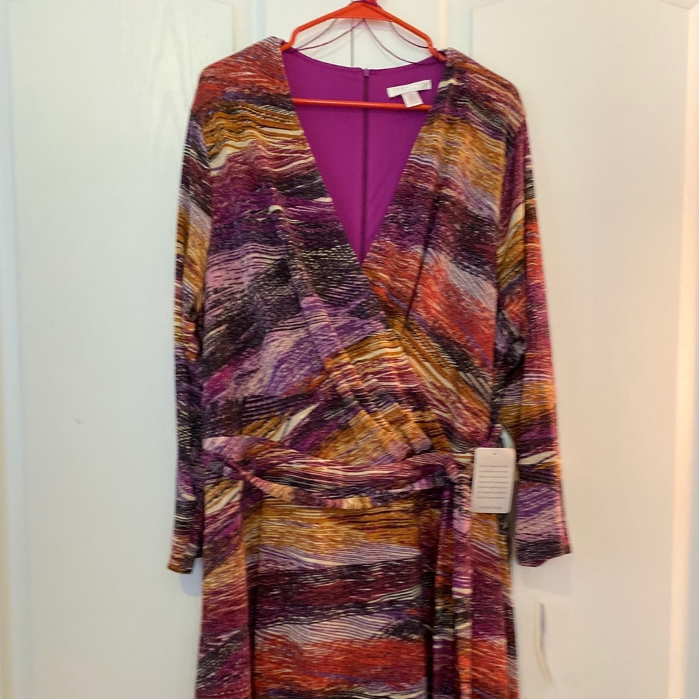 London Times Women Metallic Stripe Faux Wrap Dress
